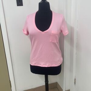 Women’s Pink V-Neck Short Sleeve Pocket Tee Top Size XL Casual Basic Stretch